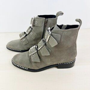 NWOT Topshop Marco‎ Studded Gray Suede Buckle Boots Moto Women's 7.5 - 8 Leather